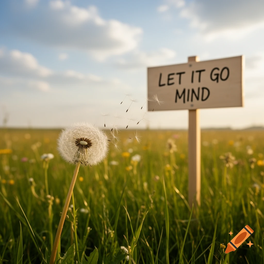 A close-up of a dandelion in a sunny green field with seeds blowing, next to a wooden sign reading 'LET IT GO MIND'.