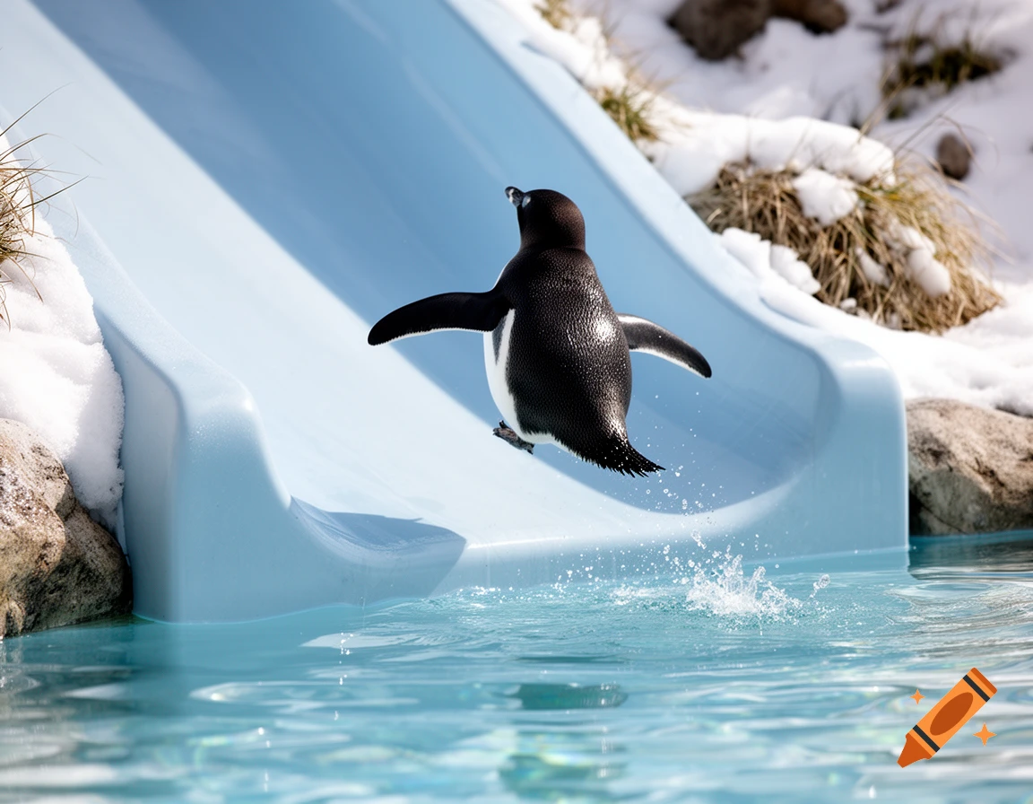 A photorealistic shot of a penguin mid-air, sliding down a light blue waterslide into a sparkling pool.