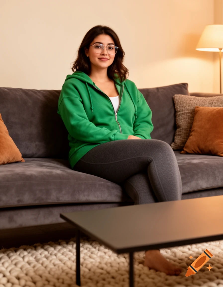 A smiling woman with glasses and a green zippered hoodie sits comfortably on a grey couch in a warm-toned living room.