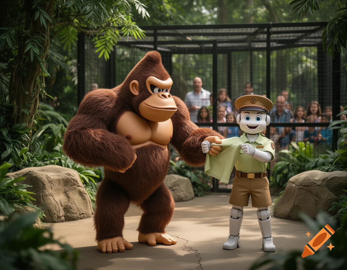 Donkey Kong stands next to a smiling robot zookeeper in a tan uniform, who holds out a green cloth, in a lush zoo enclosure with onlookers in the background.