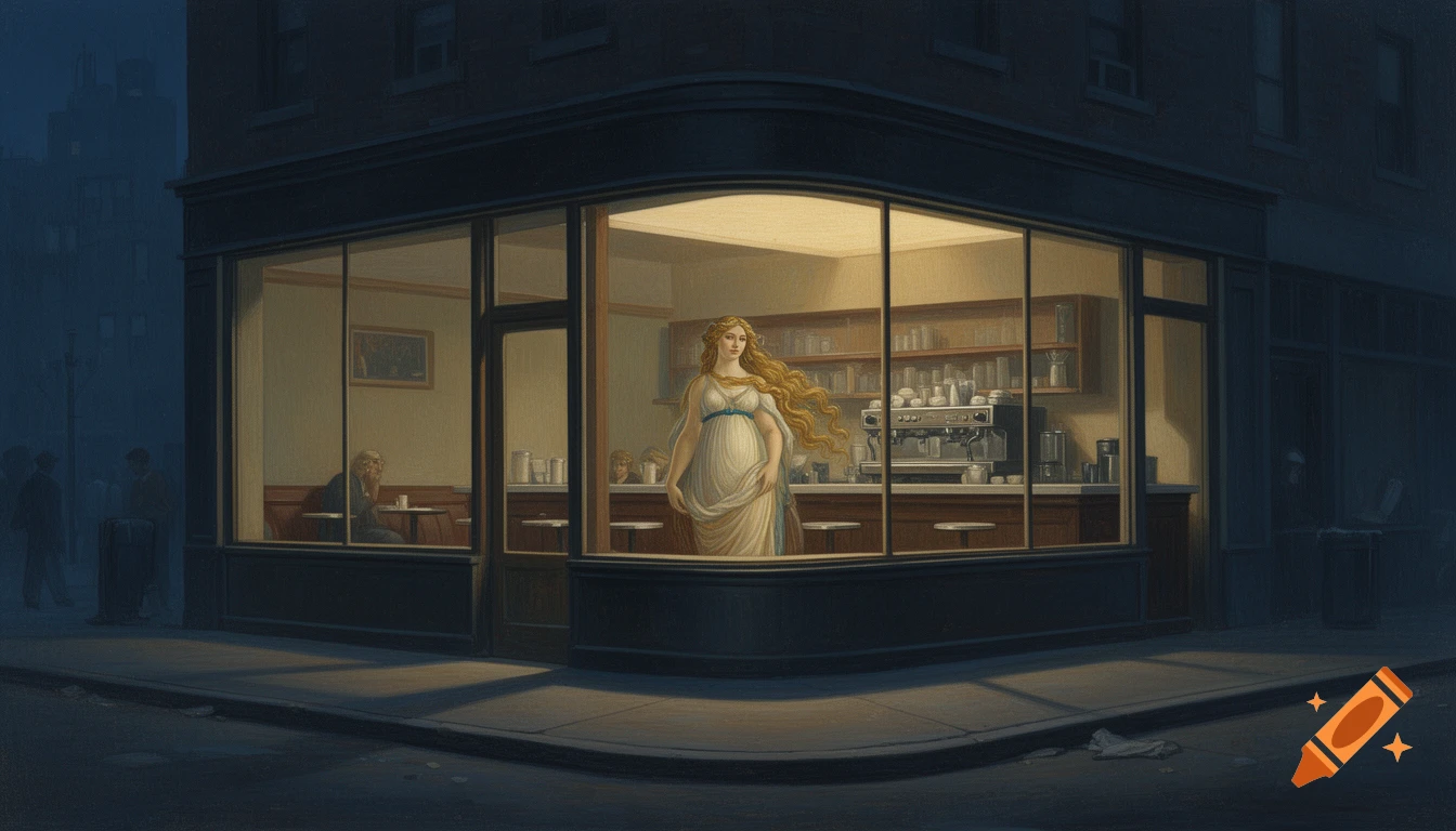 A moody painting merging Hopper's Nighthawks diner with Botticelli's Venus, who stands gracefully inside a brightly lit cafe at night.
