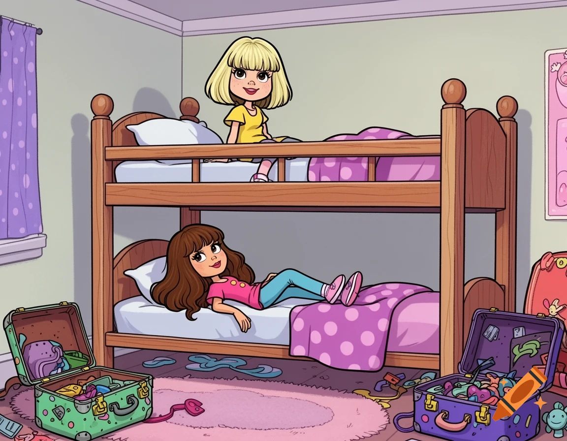 Two cartoon girls in a messy bedroom. A blonde girl sits on the top bunk, and a brown-haired girl lies on the bottom bunk. Open suitcases are on the floor.