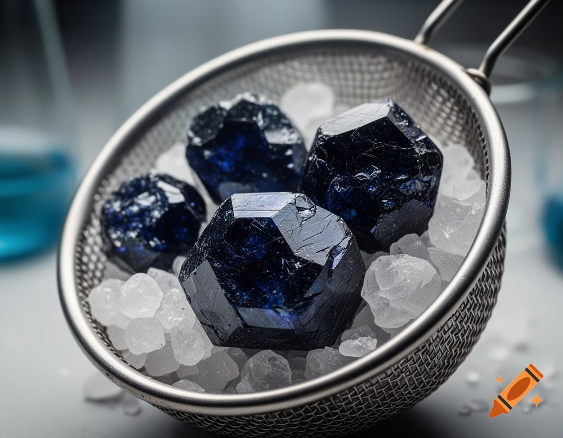 Close-up of faceted dark blue crystals resting on a bed of smaller white crystals in a metal mesh strainer.