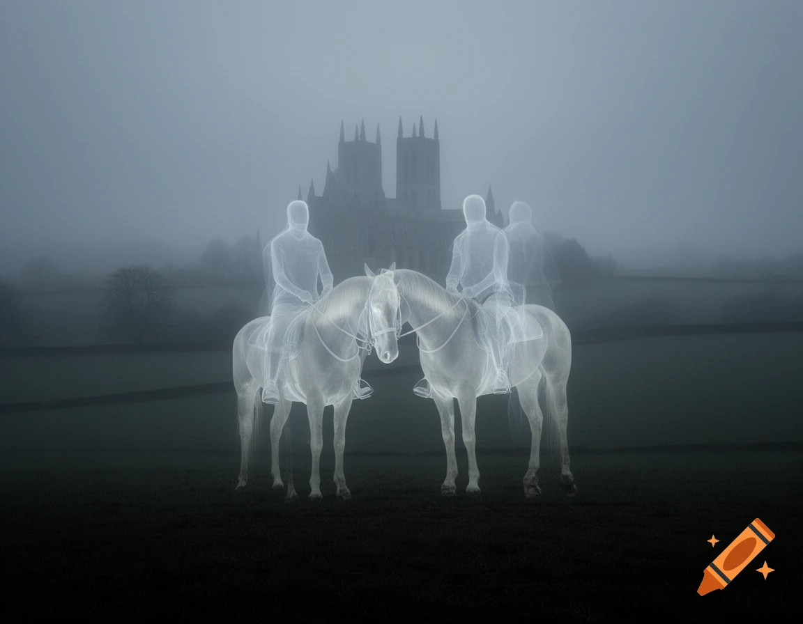 Two translucent ghost riders on ghost horses stand in a foggy field before a distant, silhouetted castle, evoking a gloomy, ethereal atmosphere.