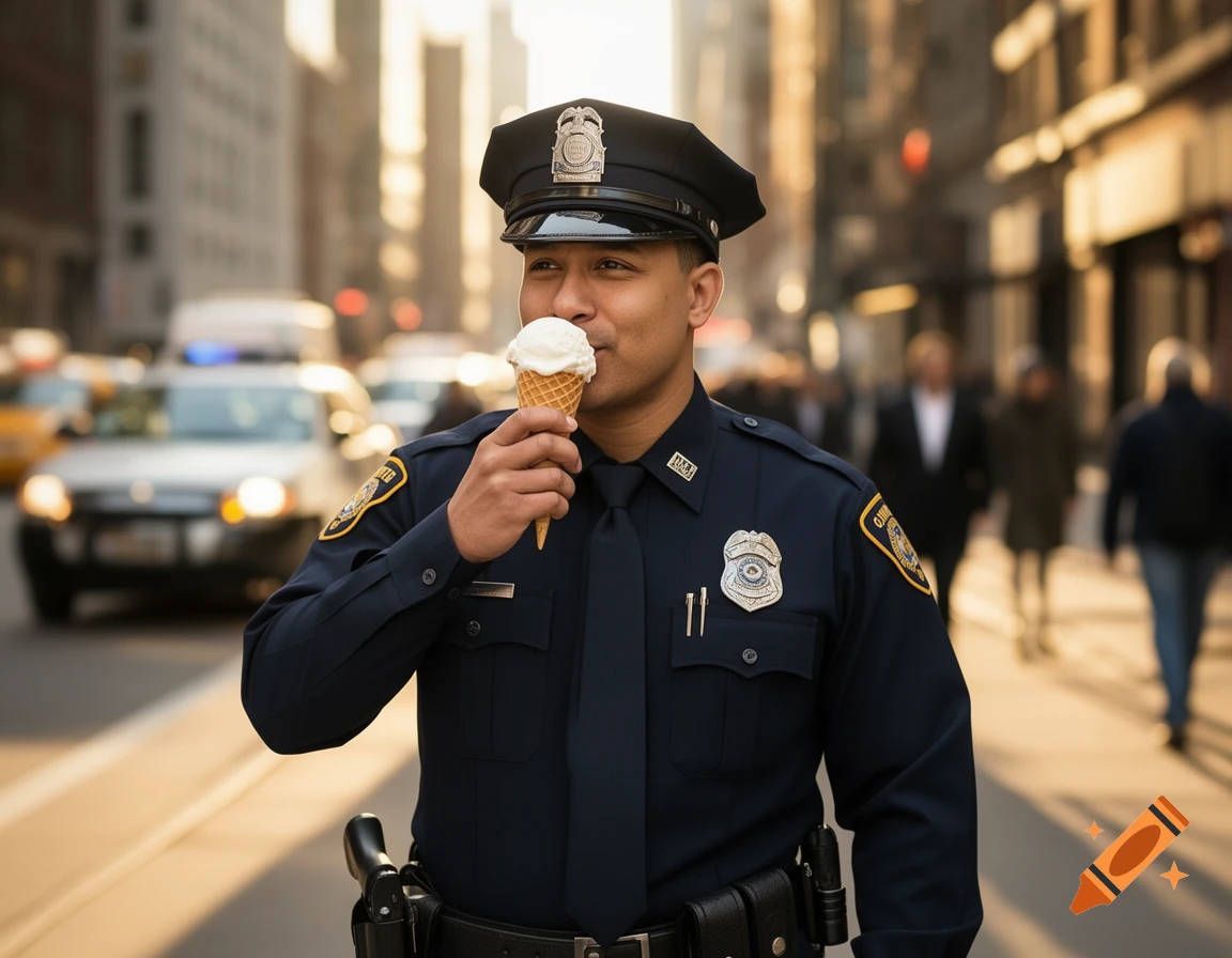 A smiling law enforcement officer in uniform eats an ice cream cone on a busy city street, with cars and buildings in the blurred background. Photorealistic style.