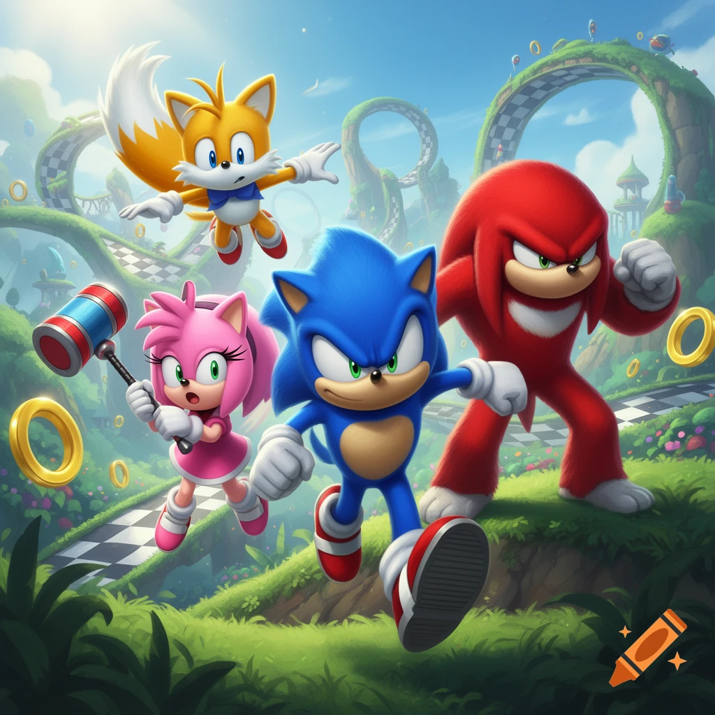 Sonic, Amy, Tails, and Knuckles running and flying through a vibrant Green Hill Zone-like landscape with loops and gold rings.