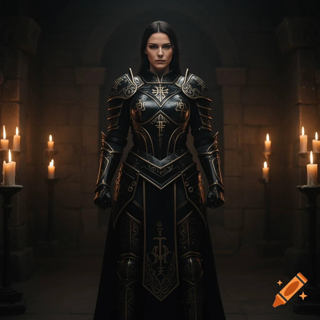 A stern woman in ornate black and gold armor stands in a dark stone chamber lit by candles.