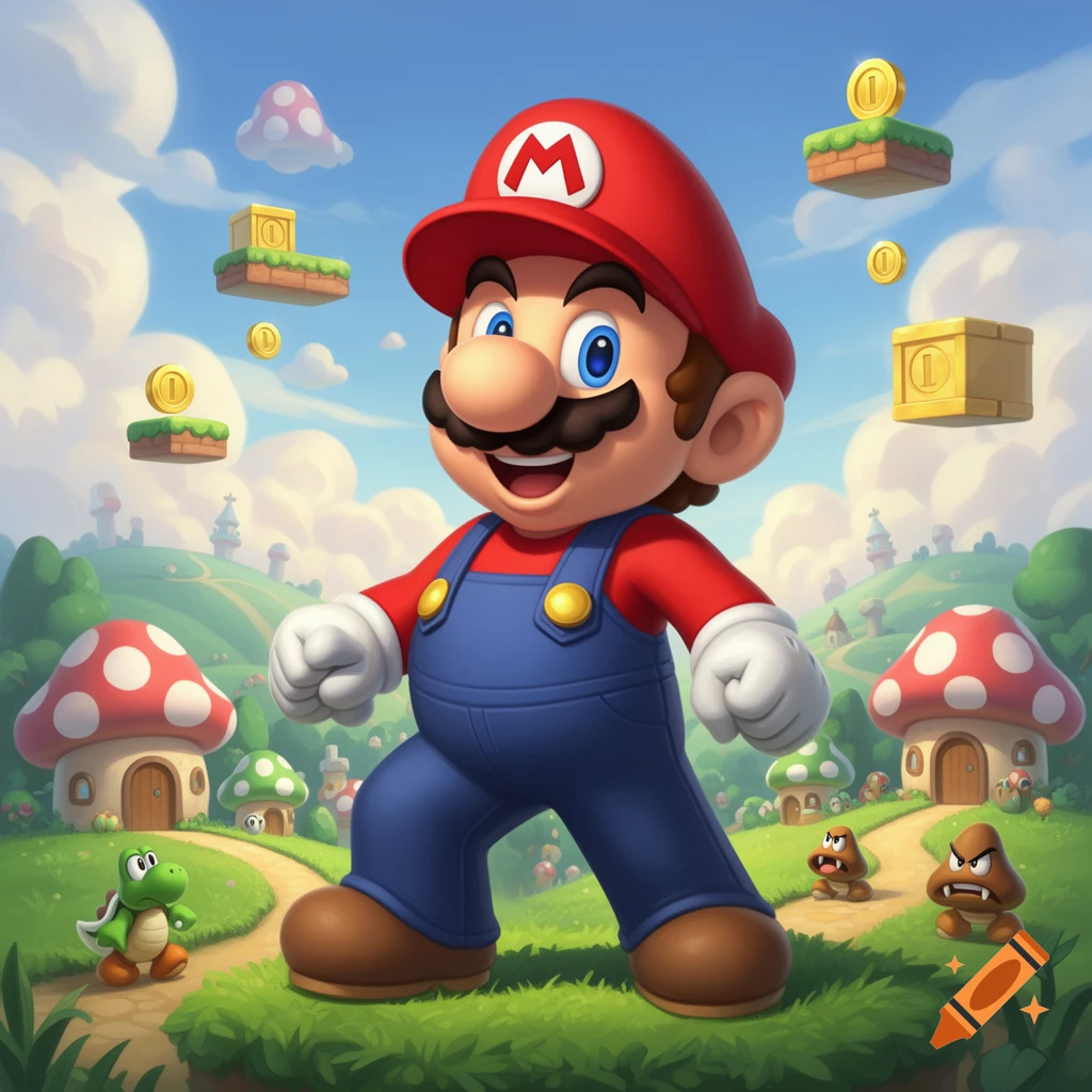 Smiling Mario in a vibrant Super Mario Bros. landscape with Yoshi, Goombas, mushroom houses, and floating blocks and coins.