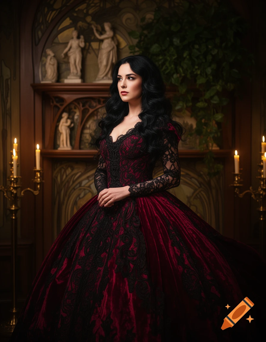 A woman with dark hair in a red and black gothic gown stands in an opulent, candlelit room with classical statues.