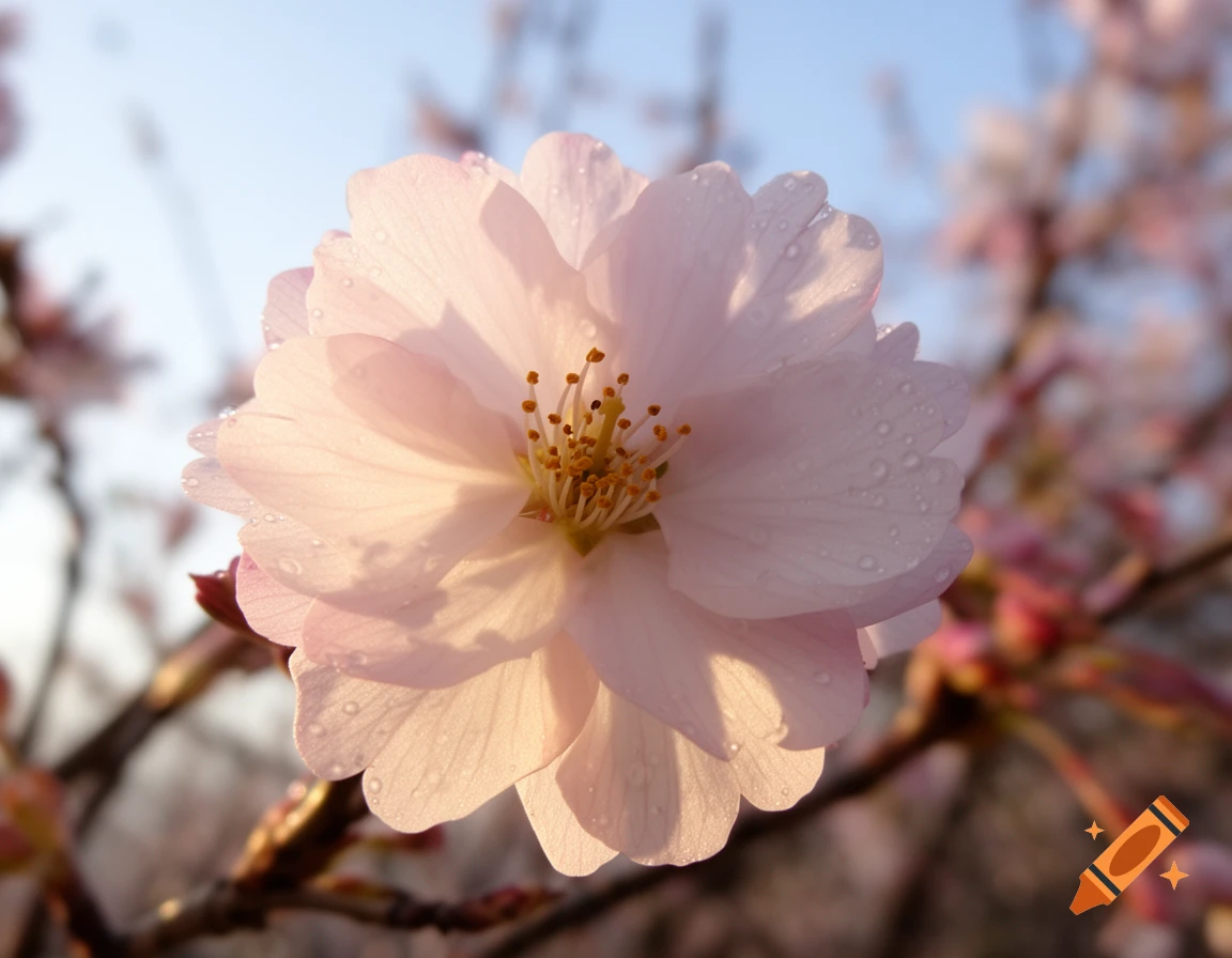 A close-up of a light pink cherry blossom with dew drops on its petals, set against a soft blue sky.