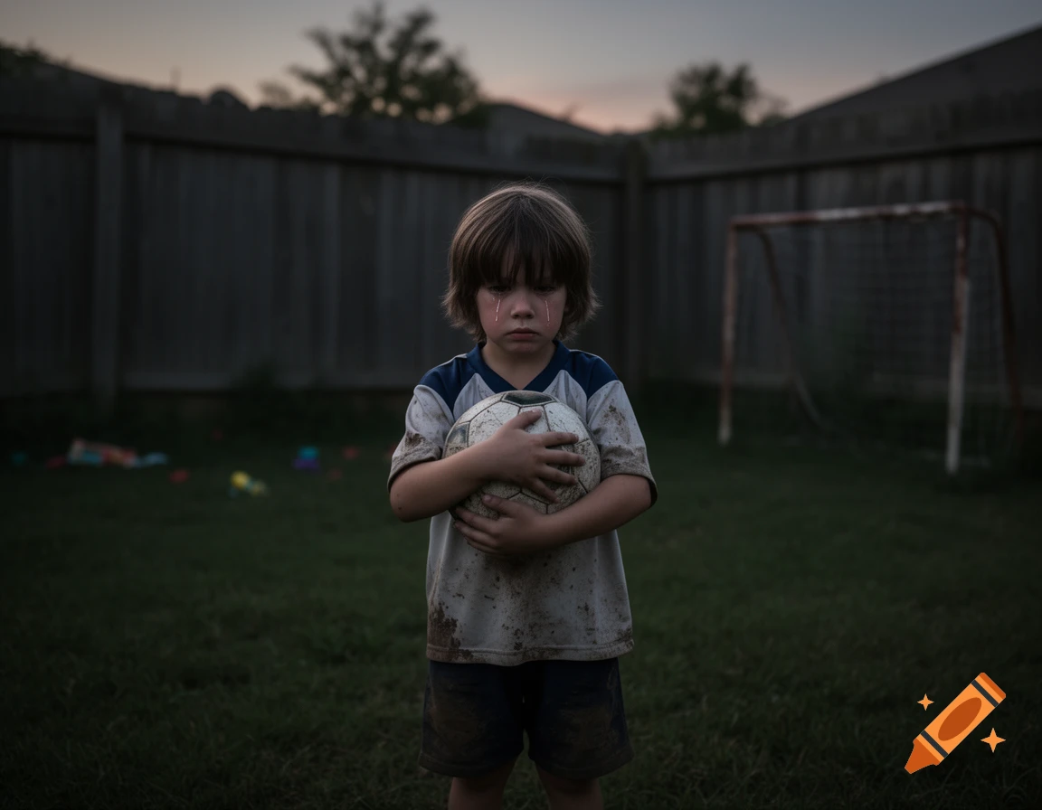 A sad boy with tears on his face holds a dirty soccer ball in a dim backyard with a goal.