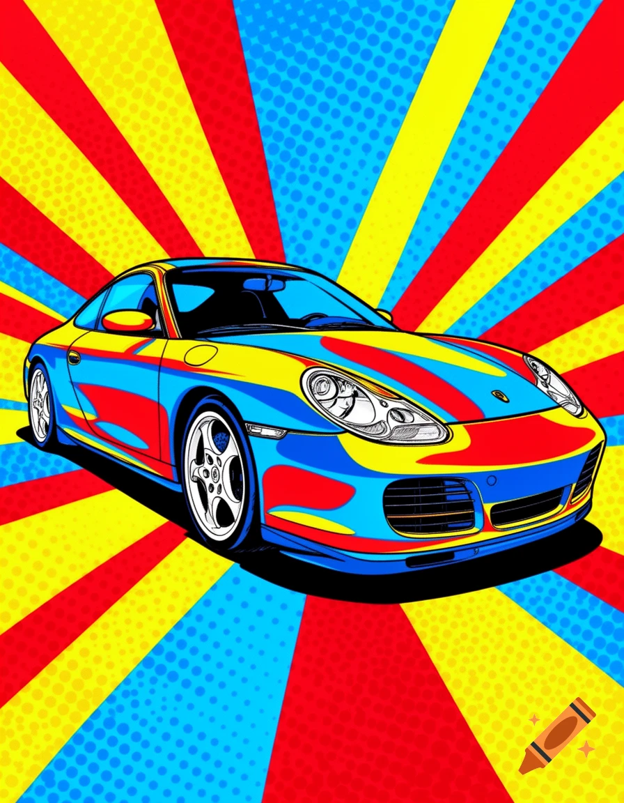 Vibrant Pop Art illustration of a Porsche 996 sports car with red, yellow, and blue stripes against a sunburst background.