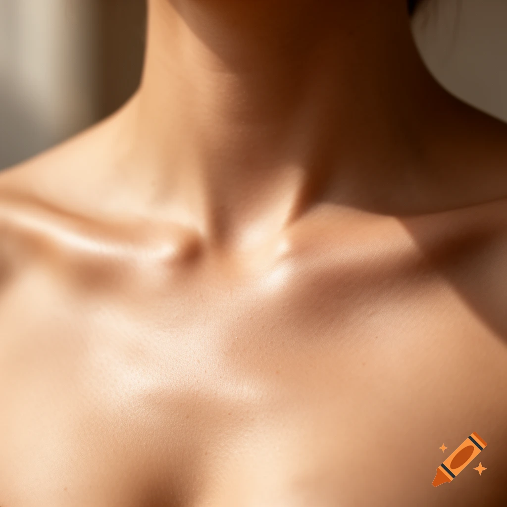 Close-up of a person's neck, collarbones, and upper chest, with warm light and shadows.