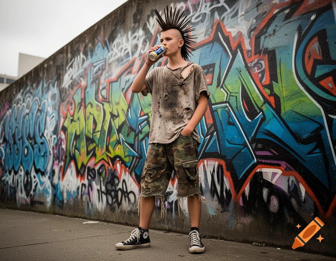 A young punk with a mohawk, ripped clothes, and camouflage shorts drinks from a can while standing in front of a colorful graffiti-covered wall.