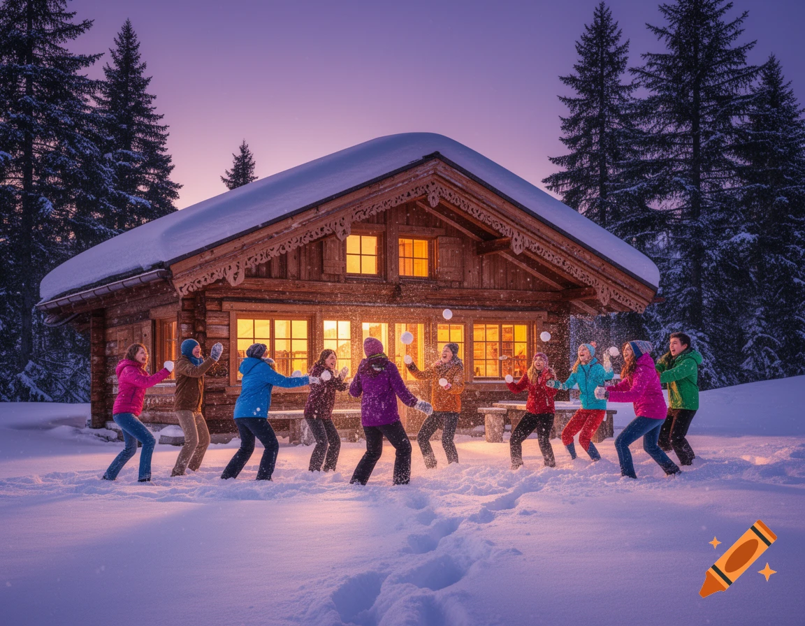 A group of people having a snowball fight in front of a glowing wooden chalet at dusk in a snowy landscape.