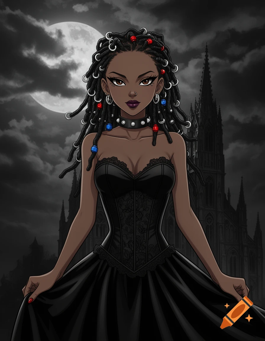 Anime-style gothic girl with dreadlocks, piercings, and a black dress against a full moon and cathedral.