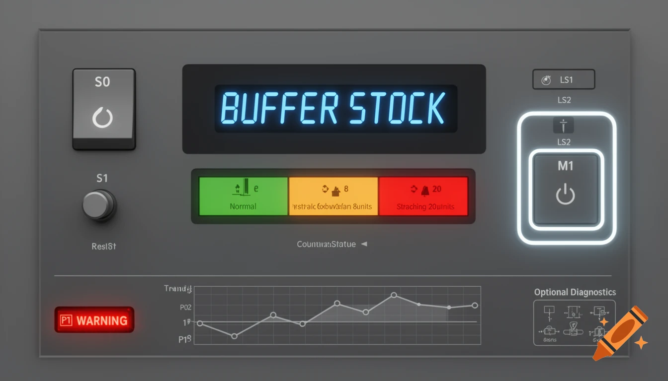 Modern industrial HMI for a buffer storage system with a digital display showing 'BUFFER STOCK', buttons, and status indicators.