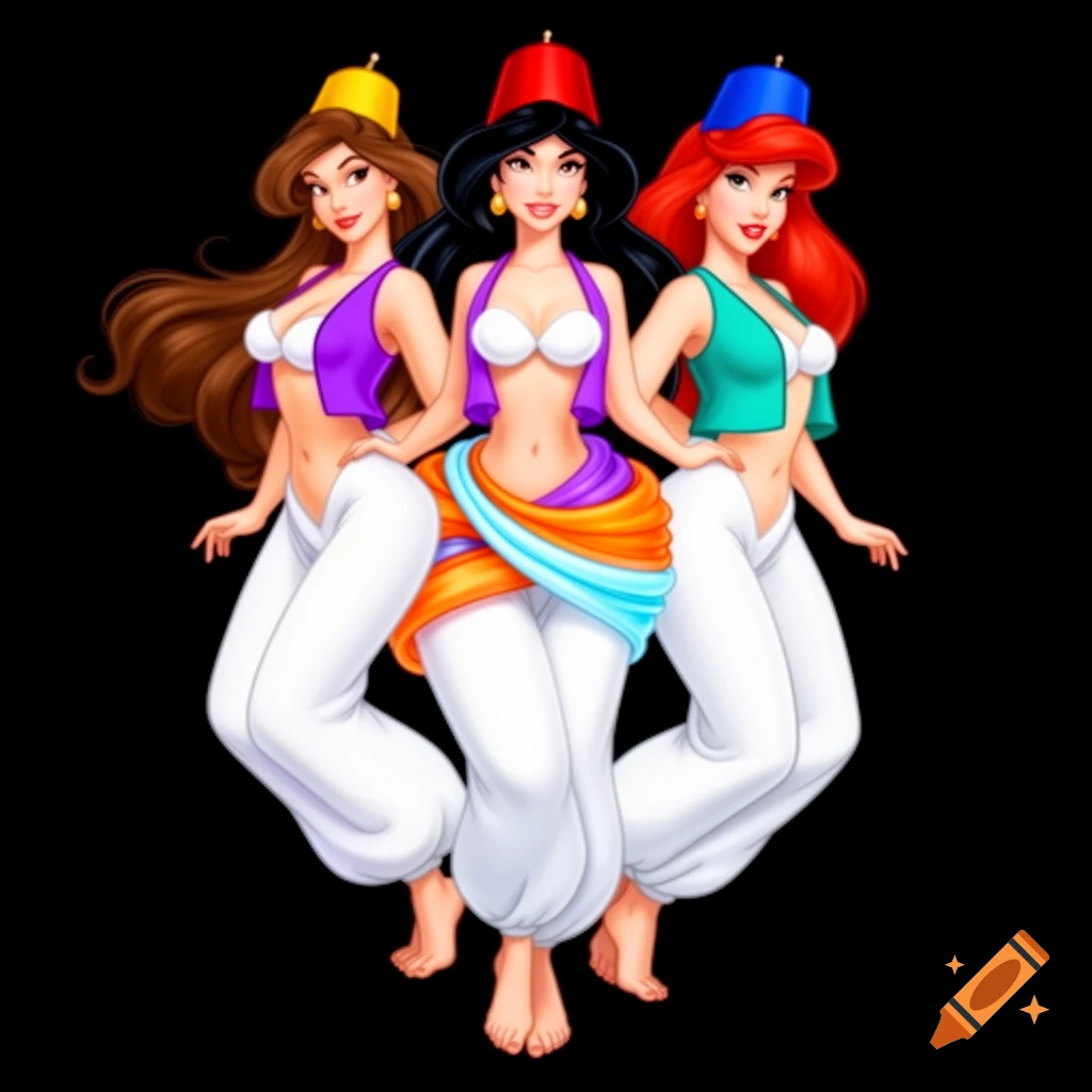 Three conjoined cartoon women, reminiscent of Disney princesses, wearing colorful crop tops, white harem pants, and fezzes on a black background.