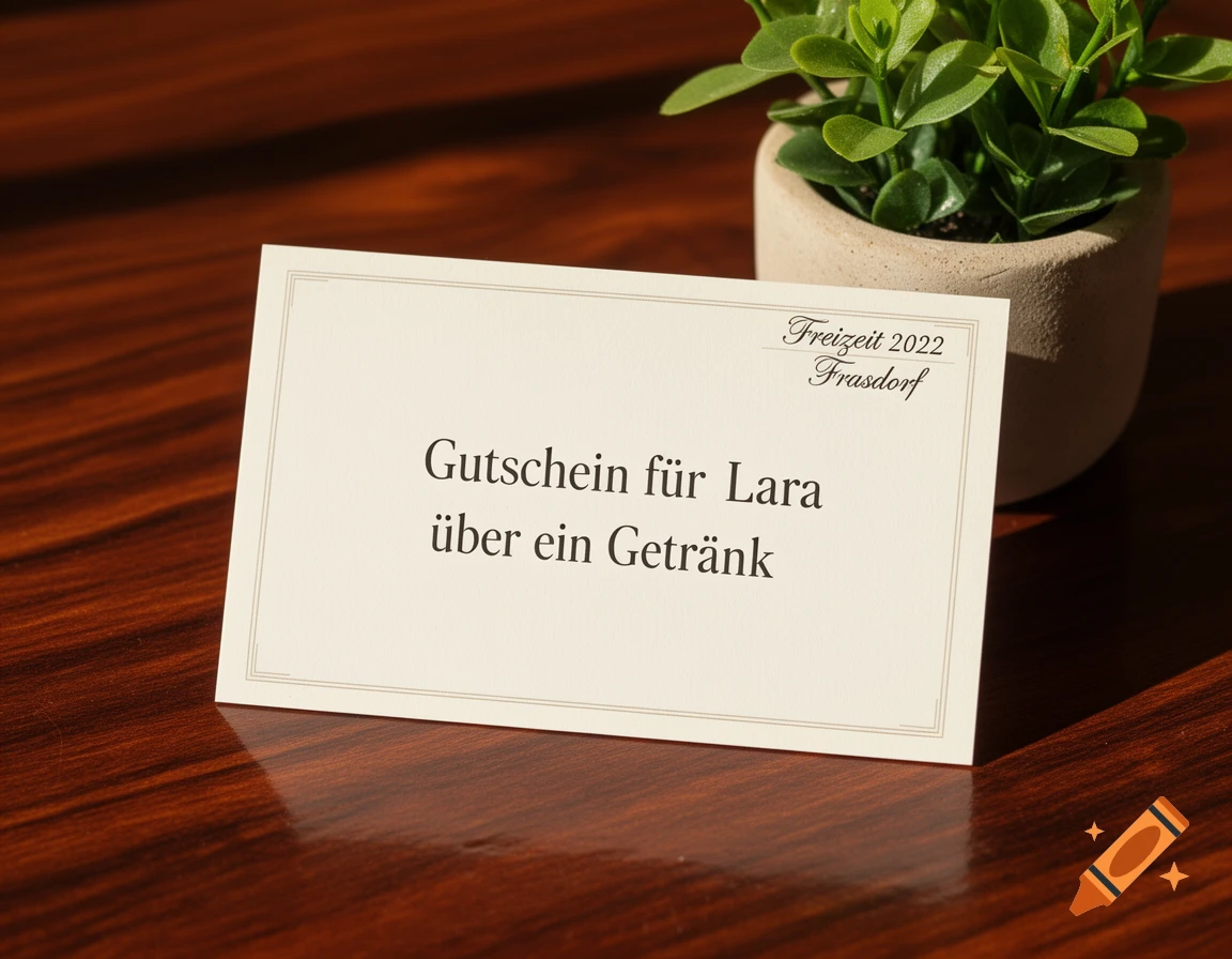 A white gift voucher with German text 'Gutschein f r Lara ber ein Getr k' and 'Freizeit 2022 Frasdorf' on a wooden table next to a small potted plant, photorealistic.