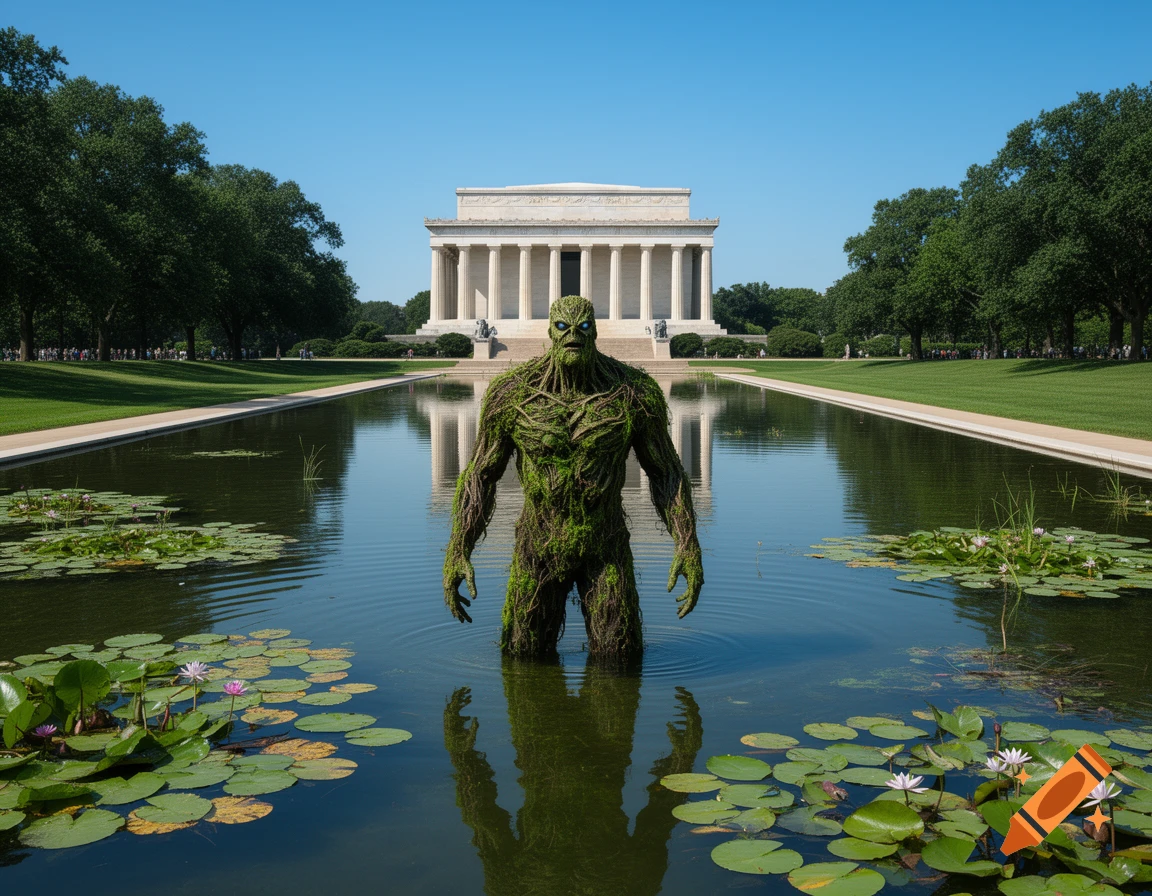 Swamp Thing stands waist-deep in the Lincoln Memorial Reflecting Pool, covered in moss and roots, under a clear blue sky.