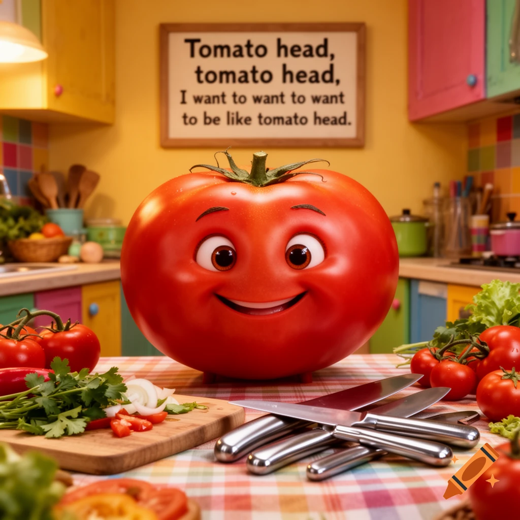 A smiling anthropomorphic tomato character in a colorful kitchen, surrounded by fresh vegetables and knives, with song lyrics on a sign.