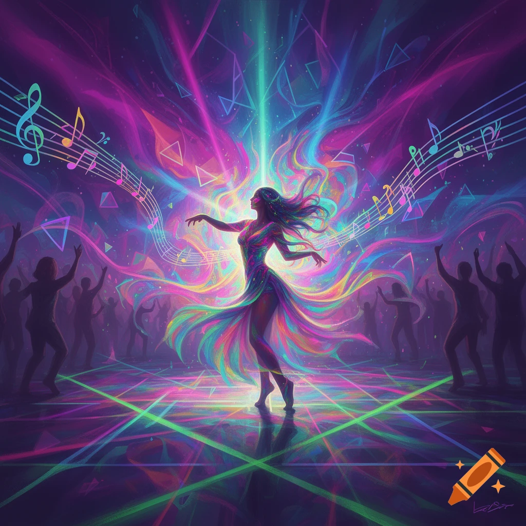 A dancer with flowing rainbow energy emanating from them, surrounded by musical notes, neon lights, and silhouetted figures in a psychedelic style.