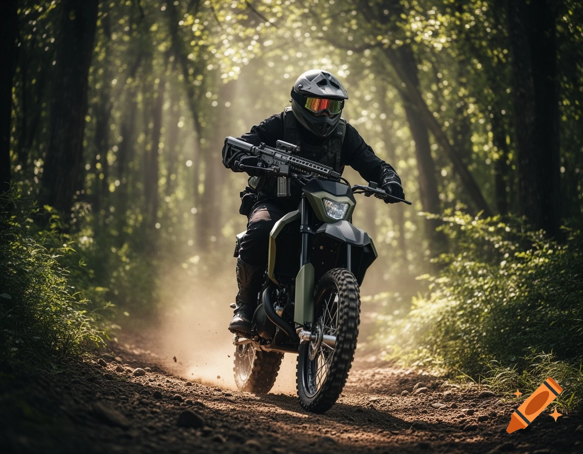 A person in tactical gear on a dirt bike holding an airsoft gun, riding on a dusty forest path with dappled sunlight.
