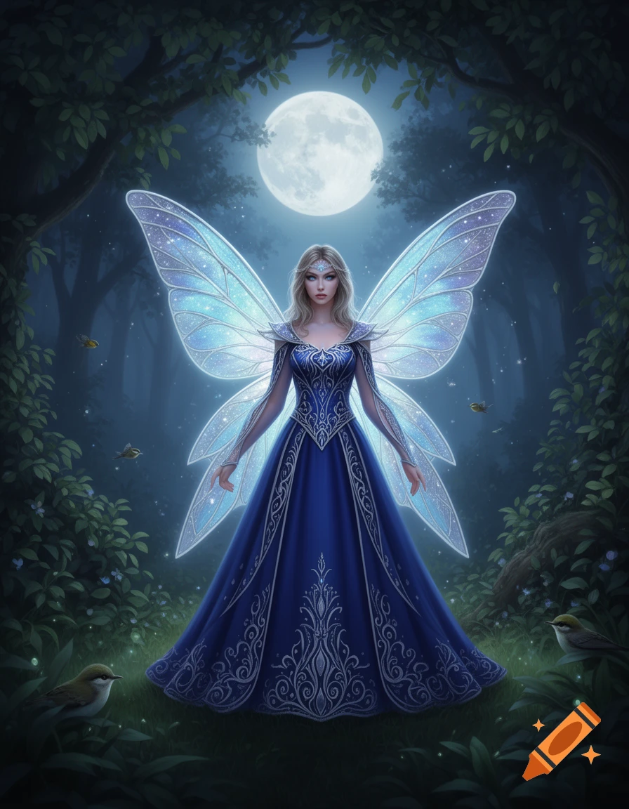 A beautiful fairy princess with glowing blue wings and a long blue gown stands in a magical moonlit forest.