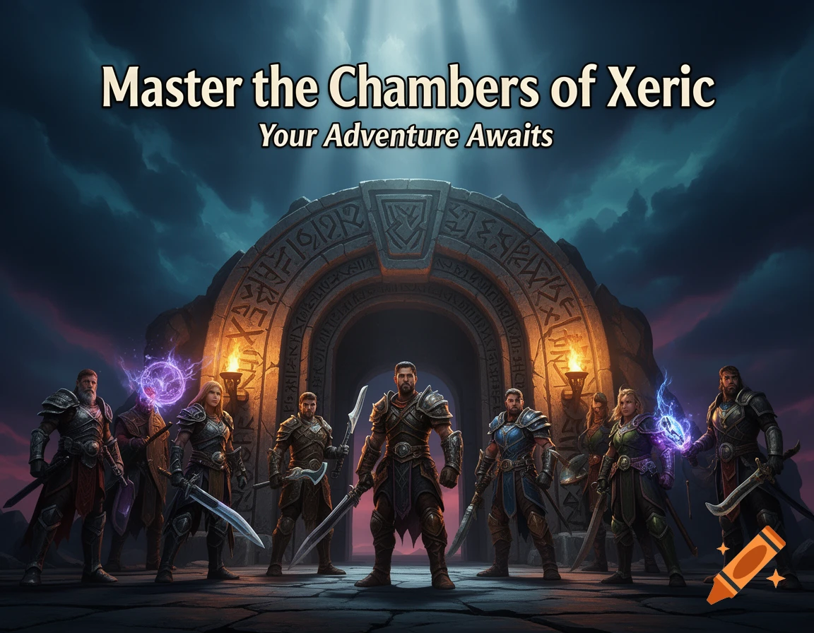 A group of fantasy warriors in armor stand with weapons before a large runic archway under a stormy sky. Text reads "Master the Chambers of Xeric" and "Your Adventure Awaits."