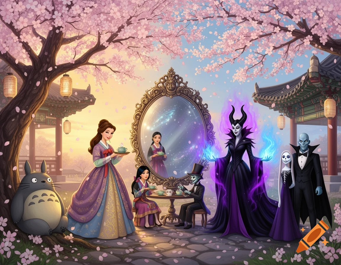 Fantasy illustration of Disney princesses Belle and Mulan in hanboks, Totoro, and the Mad Hatter on the left, separated by a magic mirror from villains Maleficent and Hades, and Jack and Sally, all in a Korean cherry blossom garden.