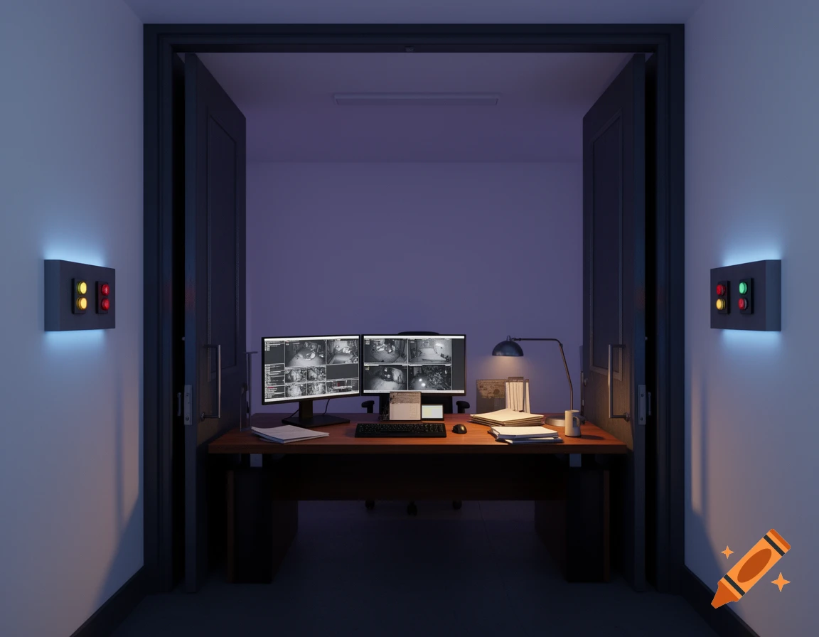Dimly lit office with a desk, two monitors showing security footage, and open doors. Control panels with red, green, and yellow lights flank the doors.