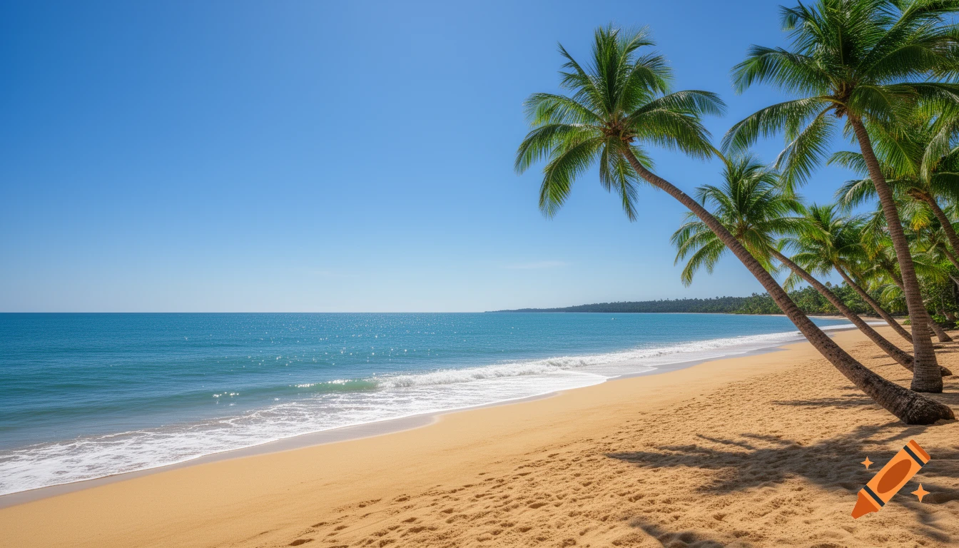 Sunny tropical beach with golden sand, clear blue ocean, gentle waves, and palm trees against a bright blue sky.