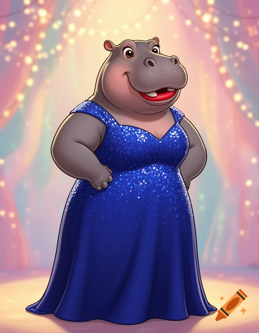 A smiling cartoon female hippopotamus in a sparkly blue evening dress with lipstick against a festive blurry light background.