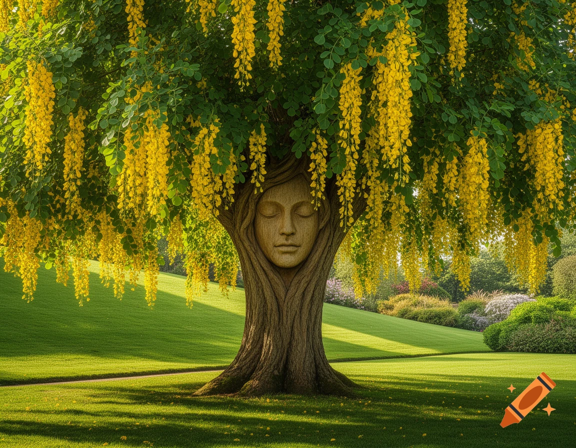 A photorealistic tree with a serene face carved into its trunk, featuring cascading yellow flowers and surrounded by green grass in a sunny garden.