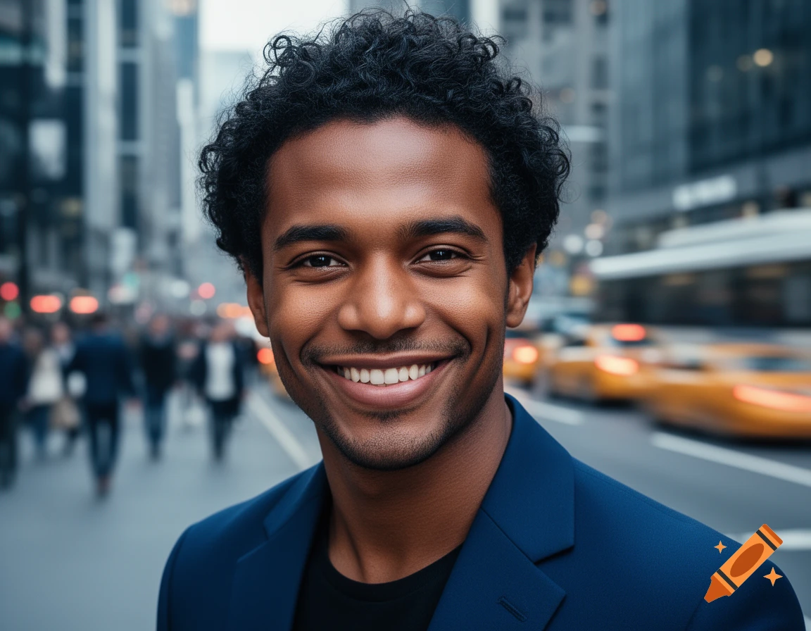 A smiling Black man with curly hair wearing a blue suit, standing on a bustling city street with blurred yellow taxis in the background.