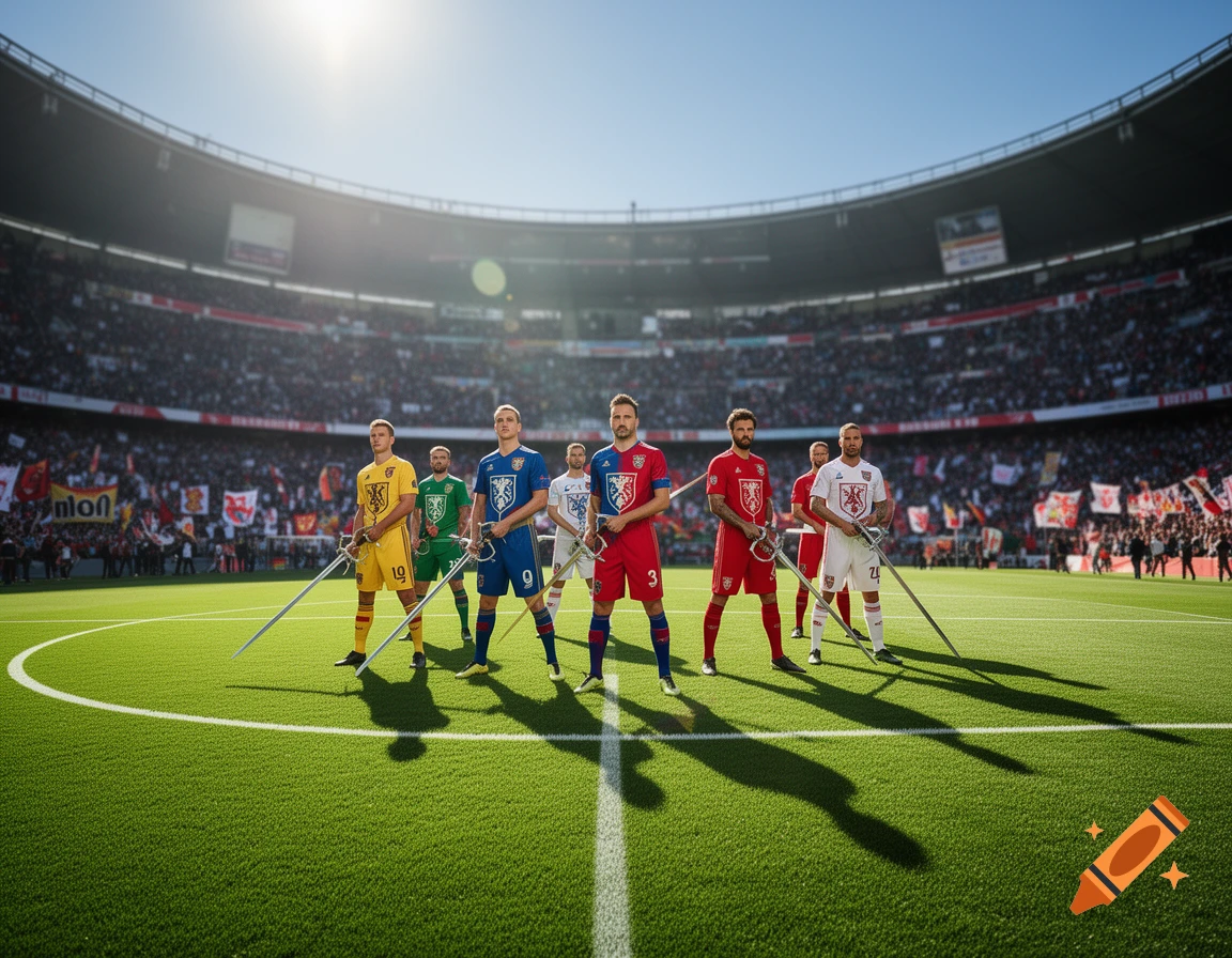 Photorealistic image of soccer players in colorful jerseys holding swords, standing on a bright green field in a large stadium.