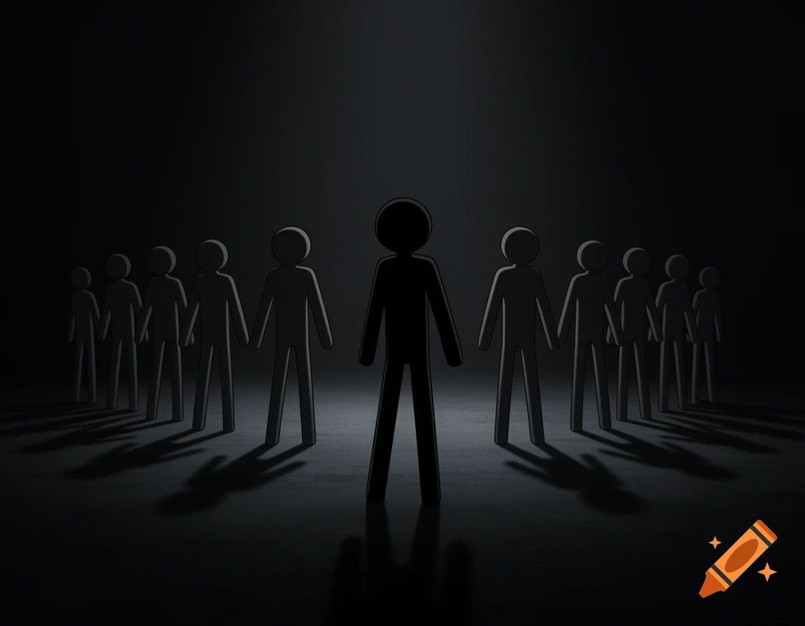 A central stick figure stands in a spotlight, with smaller stick figures lined up behind it in a dark, minimalist style.