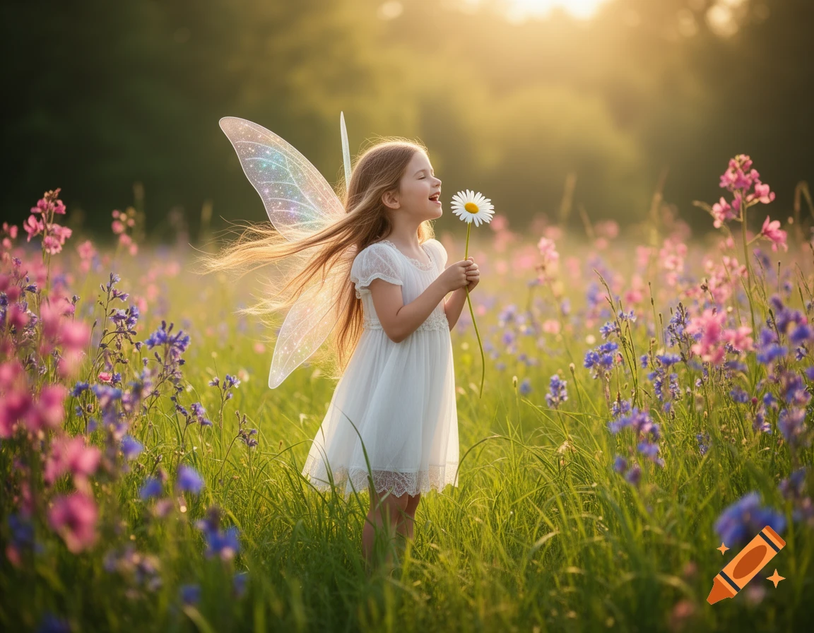 A whimsical young fairy girl with long hair and iridescent wings, happily singing into a daisy in a sunlit meadow filled with colorful wildflowers.