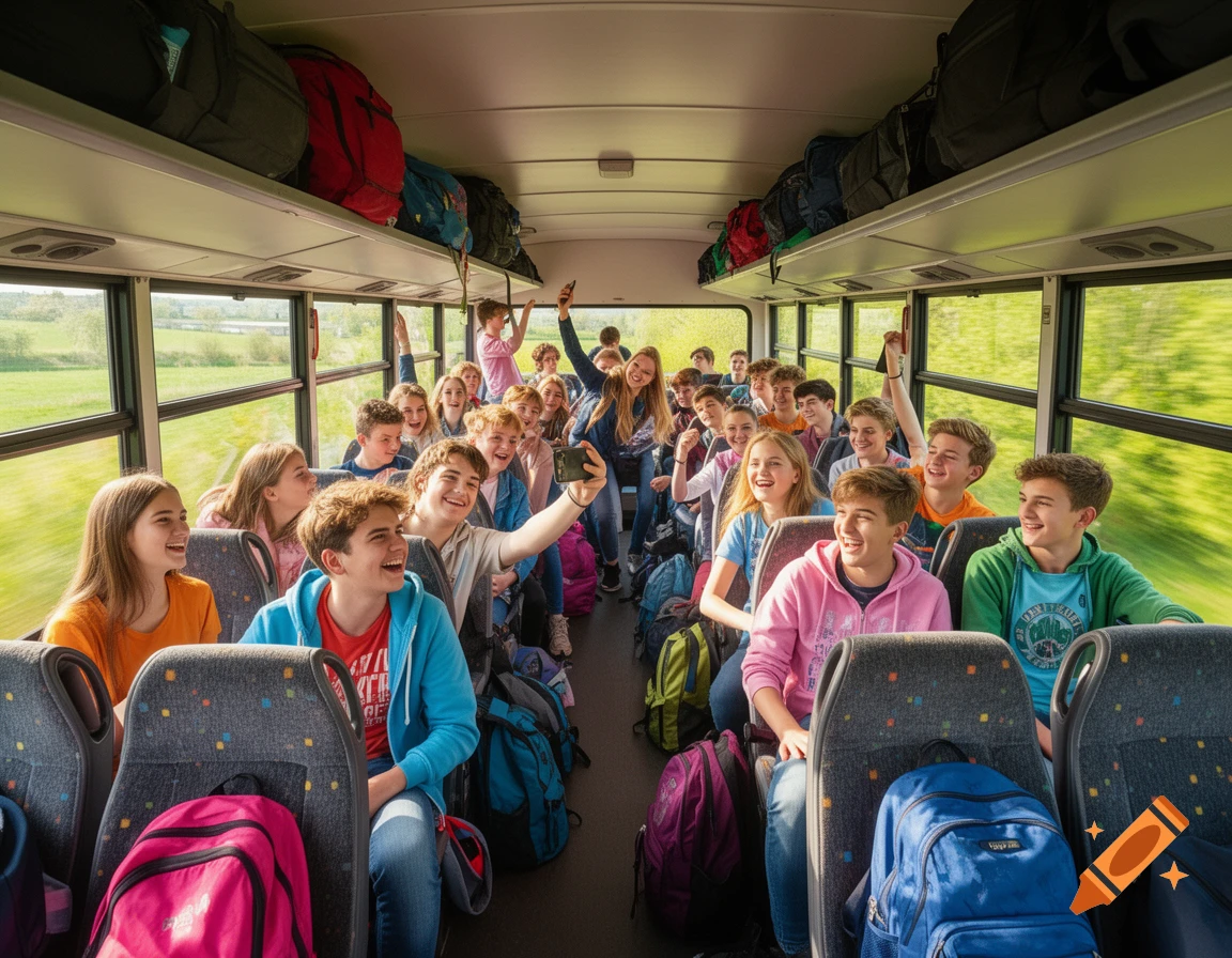 Group of happy teenagers on a lively bus, with backpacks on seats and overhead, and green landscape blurring past windows.