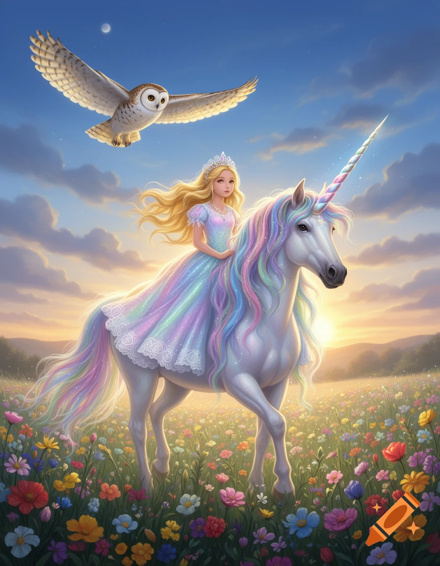 Illustrated princess on a white unicorn with rainbow mane in a flower field at sunset, with an owl flying overhead.