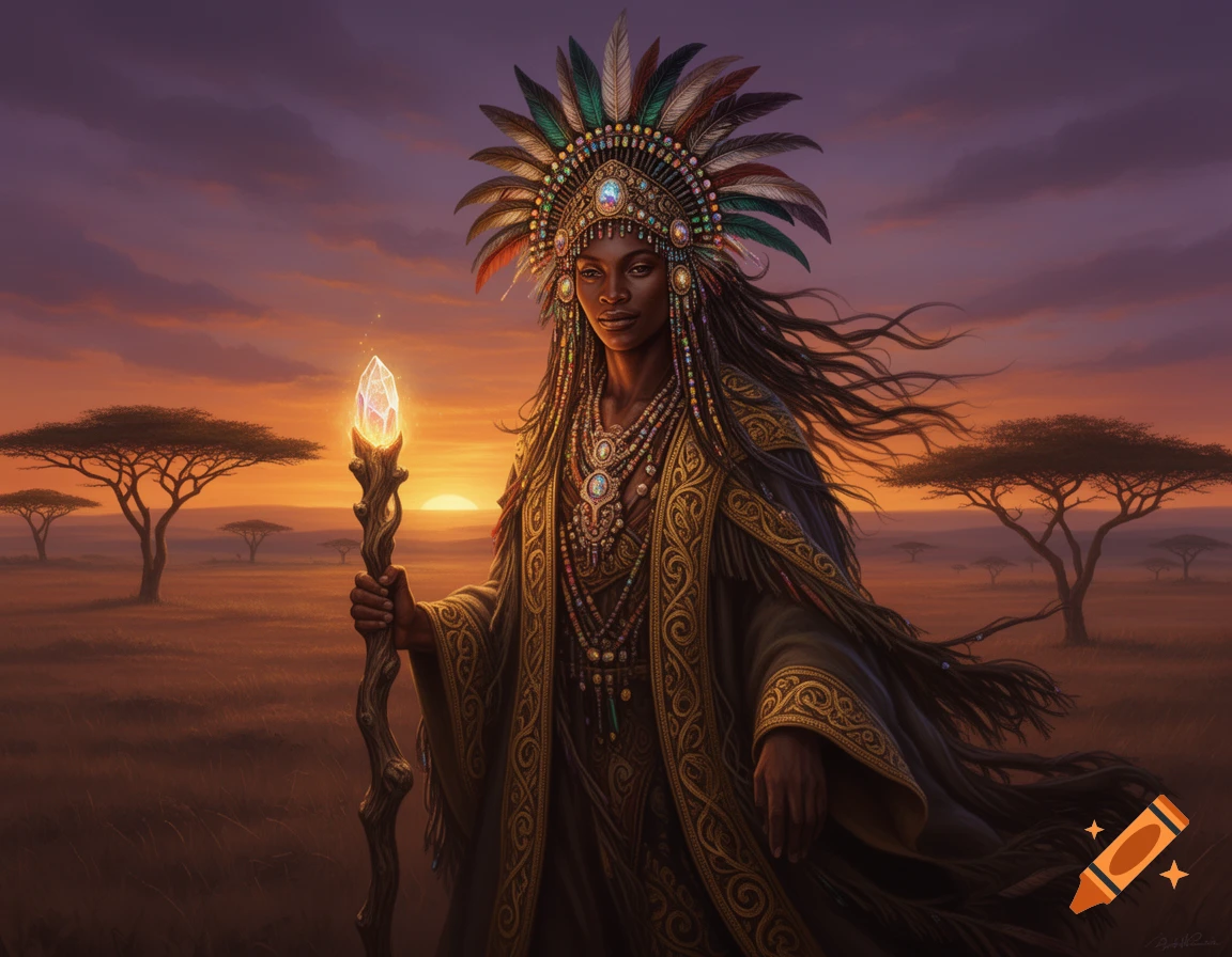 A woman in an elaborate feathered headdress and beaded attire holds a glowing crystal staff at sunset in a savanna landscape.