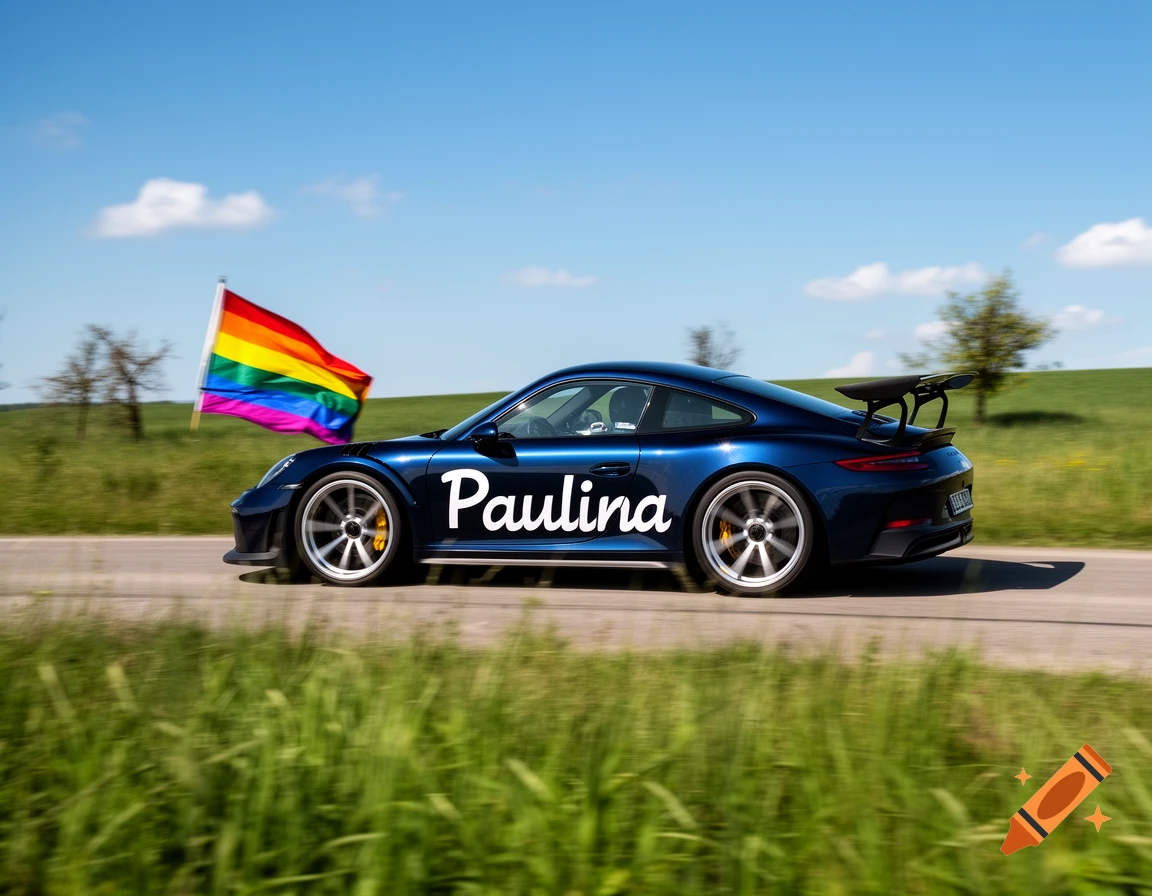 A blue Porsche GT3 RS with 'Paulina' on its side and an LGBTQ+ flag out the window, driving on a road through a green landscape.