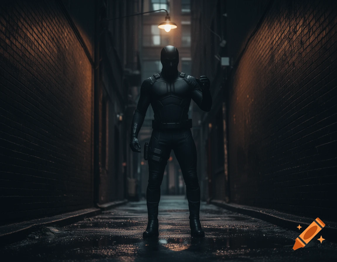A masked figure in a black tactical suit stands in a dark, wet alleyway under a dim street lamp.