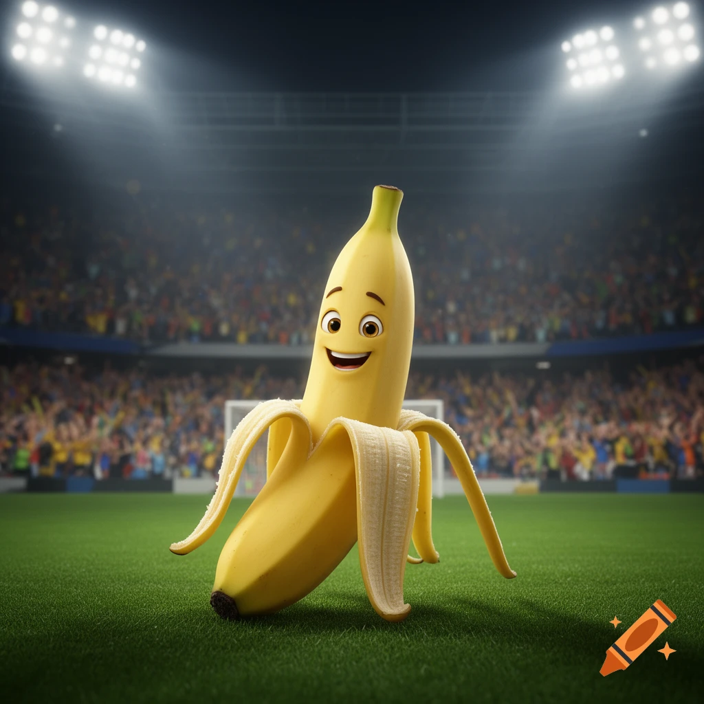A happy, anthropomorphic peeled banana stands on a vibrant green football field in a stadium filled with spectators.