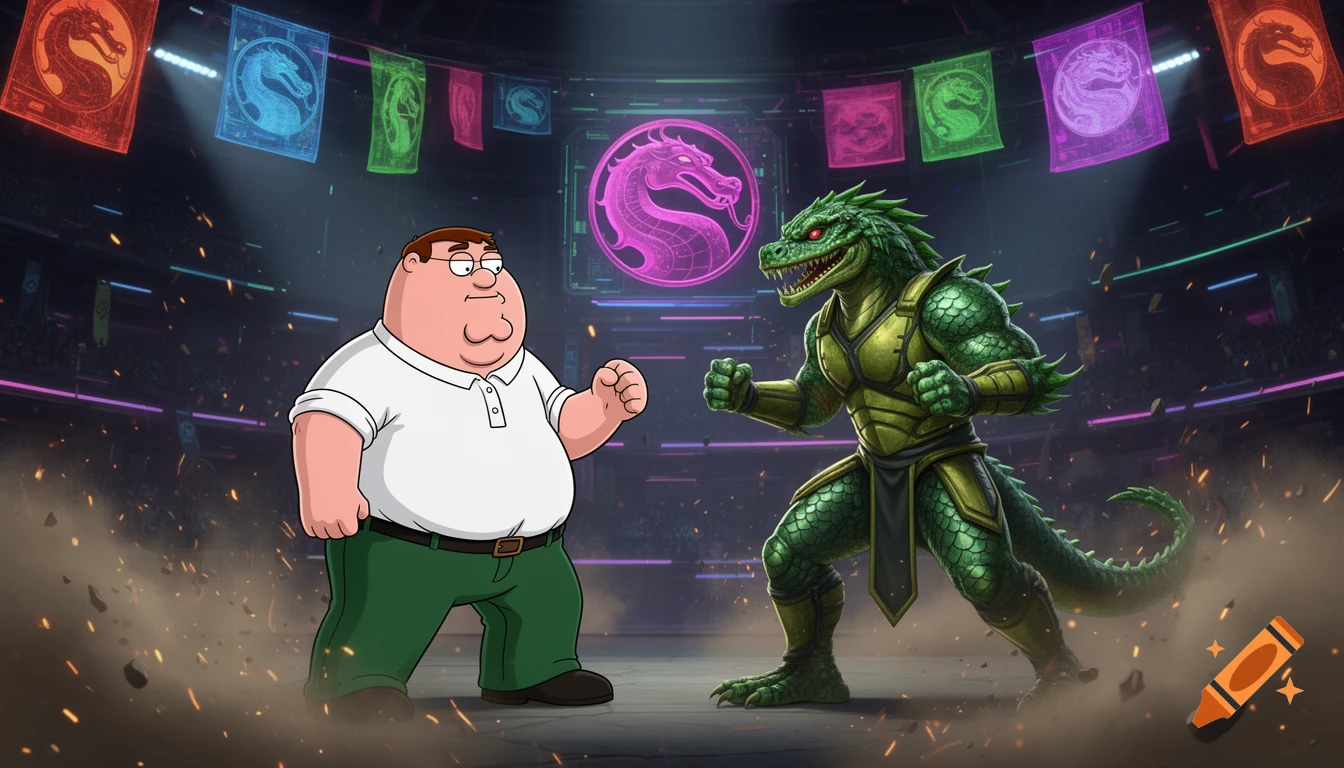 Peter Griffin faces Reptile in a dynamic Mortal Kombat arena, surrounded by glowing banners and flying debris.