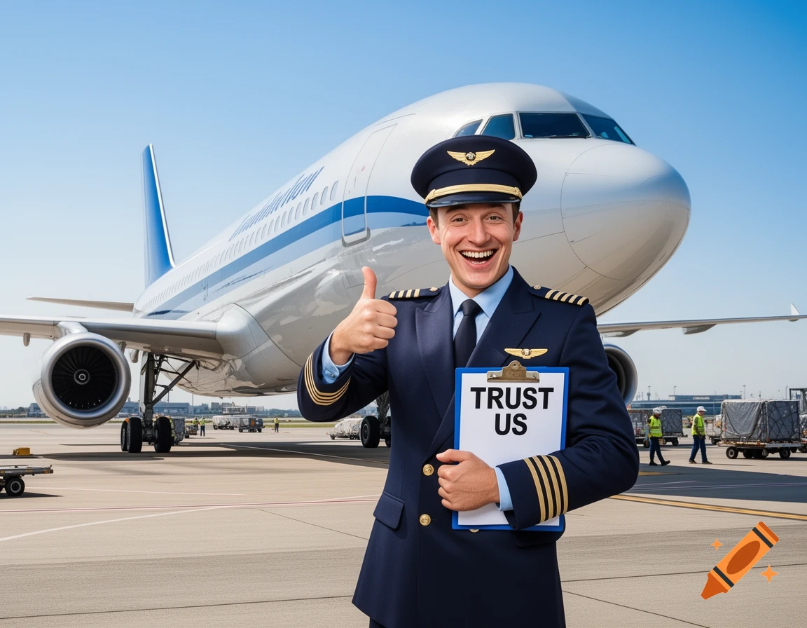 Photorealistic image of a grinning airline pilot in uniform giving a thumbs up and holding a "TRUST US" clipboard in front of a passenger jet on an airport tarmac.