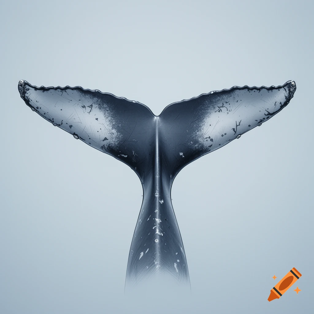 Photorealistic close-up of a humpback whale's fluke, dark grey with white markings, against a soft blue-grey background.