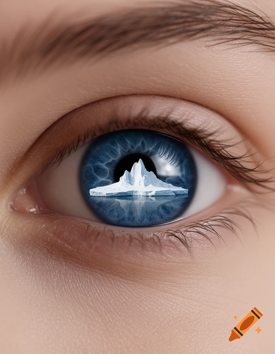 A close-up of a blue human eye with a detailed iceberg reflected in its pupil.