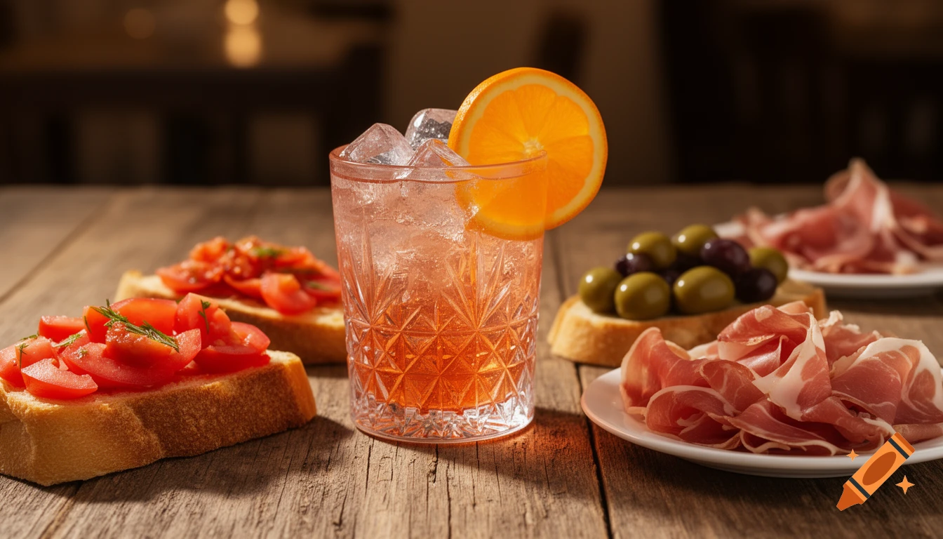 A refreshing spritz cocktail with ice and an orange slice, surrounded by Italian appetizers like bruschetta, olives, and prosciutto on a wooden table.
