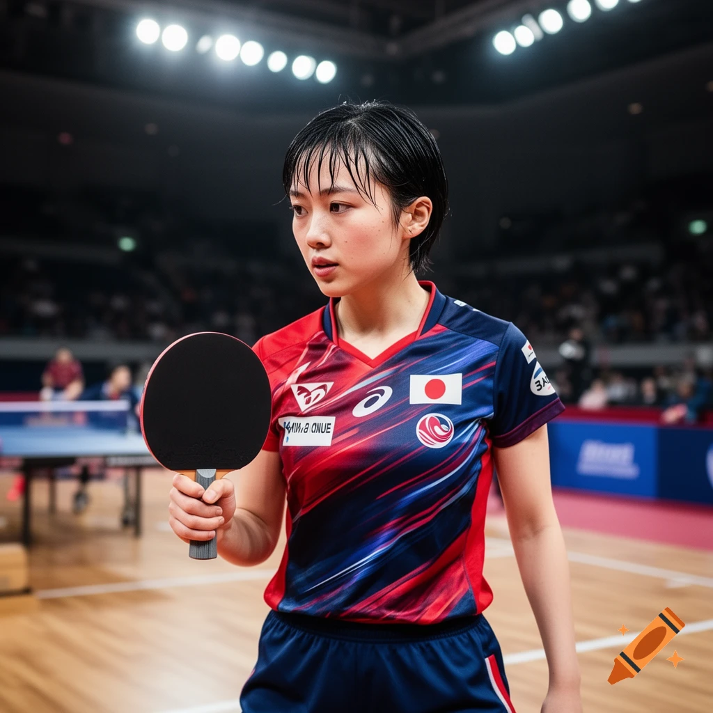 A young female table tennis player holds a paddle, looking intently in a brightly lit stadium.